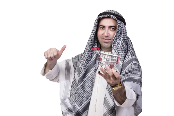 Araber mit Einkaufswagen isoliert auf weiß — Stockfoto