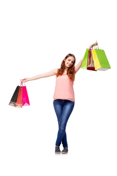 Mujer feliz después de buenas compras aislado en blanco —  Fotos de Stock