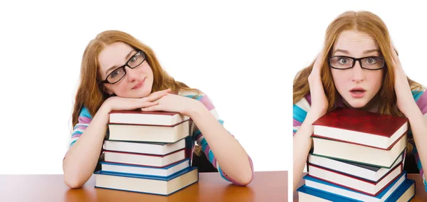 Junge Studentin mit Büchern auf Weiß — Stockfoto