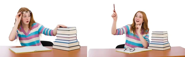 Jovem estudante com livros isolados em branco — Fotografia de Stock