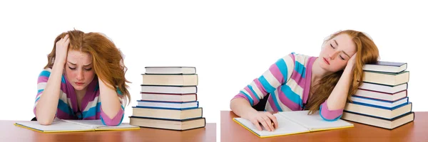 Joven estudiante con libros aislados en blanco — Foto de Stock