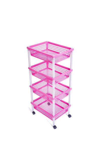 Prateleira de rack bin rosa com rodas isoladas em branco — Fotografia de Stock