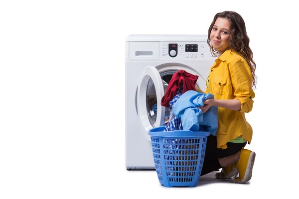 Woman tired after doing laundry isolated on white — Stock Photo, Image