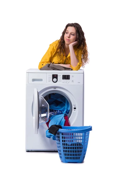 Woman tired after doing laundry isolated on white — Stock Photo, Image