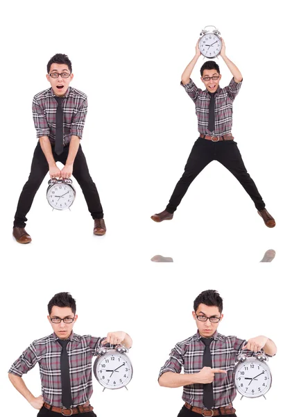 Jeune homme avec horloge isolé sur blanc — Photo