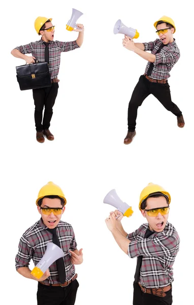 Young construction worker with loudspeaker isolated on white — Stock Photo, Image