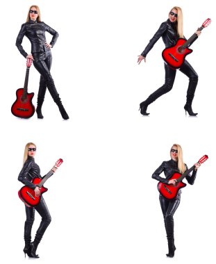 Beyaz tenli gitar çalan genç bir kadın.