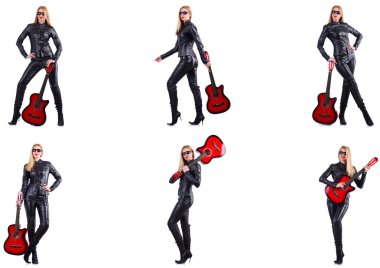 Beyaz tenli gitar çalan genç bir kadın.