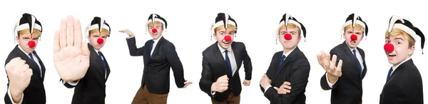 Collage av clown affärsman isolerad på vitt — Stockfoto