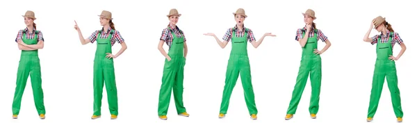 Collage of woman wearing green coveralls isolated on white — Stock Photo, Image