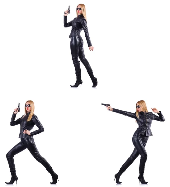 Woman in leather costume with gun isolated on white — Stock Photo, Image