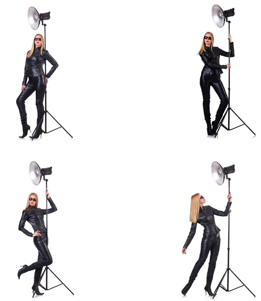 Collage de la mujer durante la sesión de fotos aislado en blanco — Foto de Stock