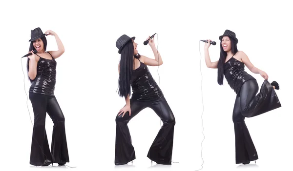 Woman singing in karaoke club in various poses on white — Stock Photo, Image