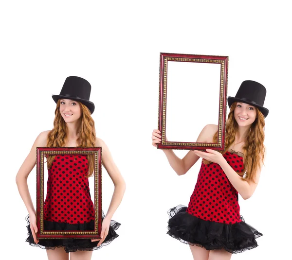 Pretty girl in red polka dot   dress with picture frame  isolate — Stock Photo, Image