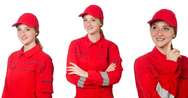 Femme en salopette rouge isolé sur blanc — Photo