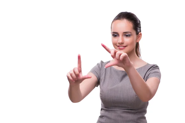 Pengusaha wanita muda menekan tombol virtual terisolasi pada warna putih — Stok Foto
