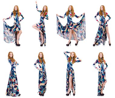 Beyaz elbiseli, mavi elbiseli çekici bir kadın.