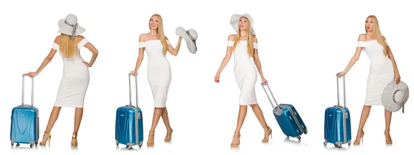 Beyaz bavullu gezgin kadın. — Stok fotoğraf