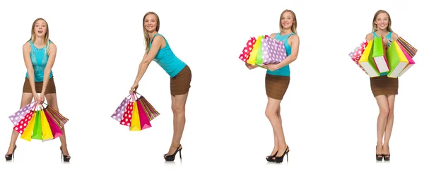 Mujer con bolsas aisladas en blanco —  Fotos de Stock