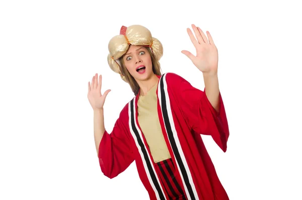 De wizard van de vrouw in rode kleding op wit wordt geïsoleerd — Stockfoto