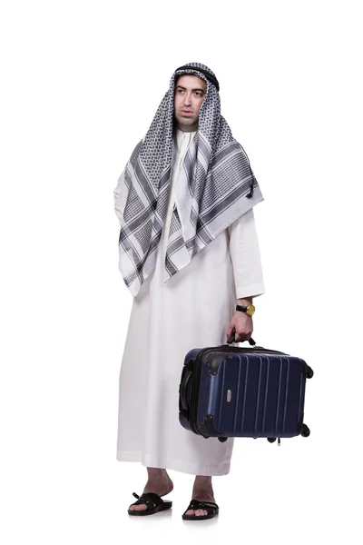 Homem árabe com mala no conceito de viagem isolado em branco — Fotografia de Stock