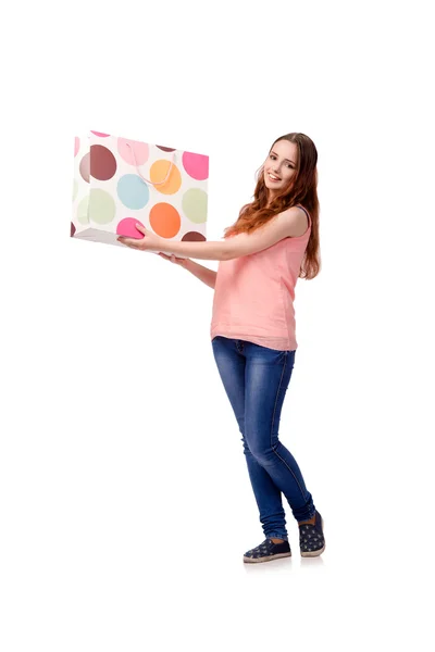 Mujer feliz después de buenas compras aislado en blanco —  Fotos de Stock