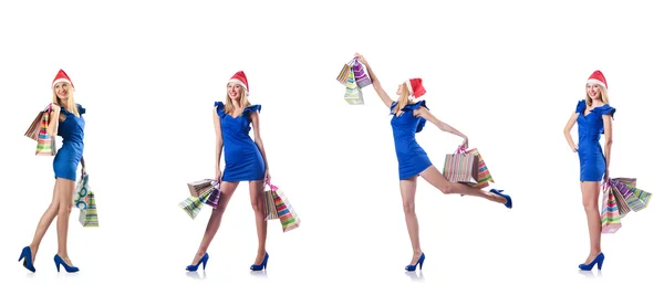 Donna con shopping bags isolata su bianco — Foto Stock