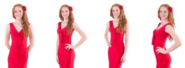 Kırmızı elbiseli güzel bir kız, beyaz tenli.