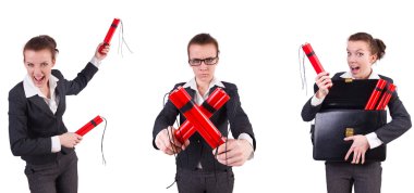 Dinamit çubuğu olan kadın iş kadını beyaza izole edilmiş.