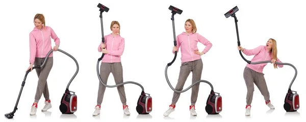 Young woman with vacuum cleaner on white — Stock Photo, Image