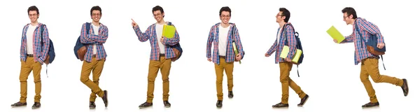 Collage van student met rugzak op wit — Stockfoto