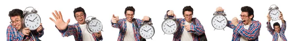 Student with alarm clock isolated on white — Stock Photo, Image