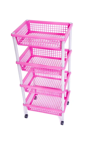 Pink bin rack shelf with wheels isolated on white — Stock Photo, Image