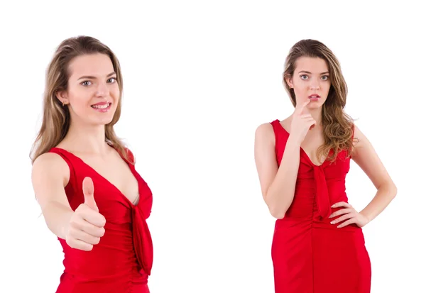 Jonge vrouw in rode jurk geïsoleerd op wit — Stockfoto