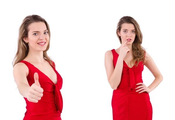 Jeune femme en robe rouge isolé sur blanc — Photo