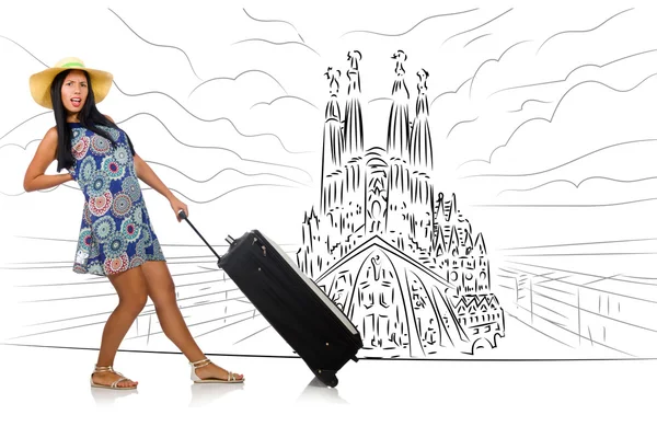 Jeune femme voyageant en Espagne pour voir la Sagrada Familia — Photo
