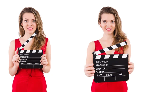 Donna tenendo film clapperboard isolato su bianco — Foto Stock