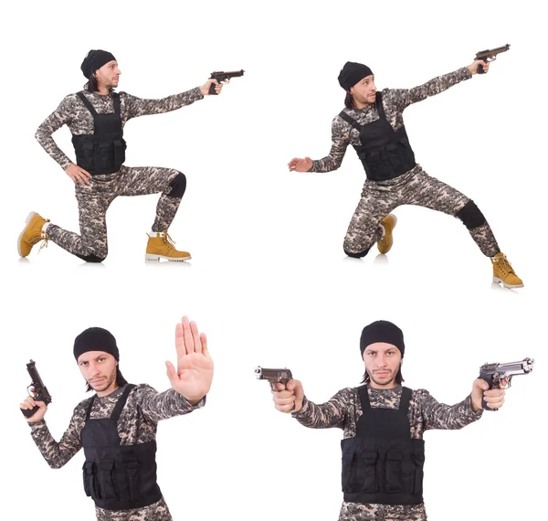 Soldat mit Waffe isoliert auf weiß — Stockfoto