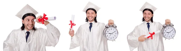 Jeune homme étudiant avec horloge isolé sur blanc — Photo
