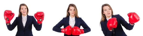 Woman businesswoman with boxing gloves on white — Stock Photo, Image