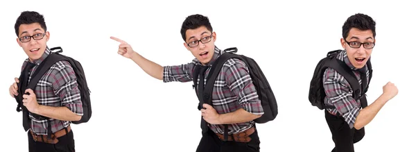 Jovem funcionário com mochila isolada em branco — Fotografia de Stock