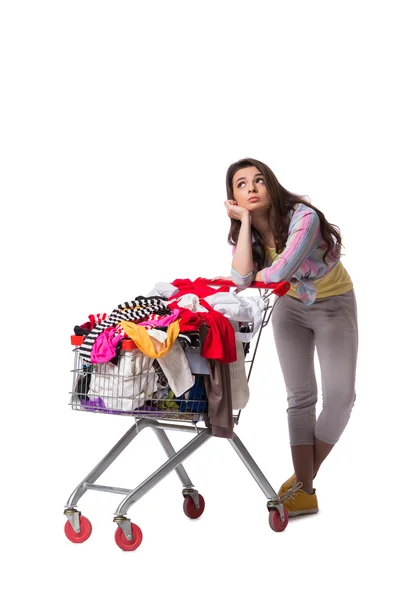 Žena po koupi z druhé ruky oblečení na bílém pozadí — Stock fotografie