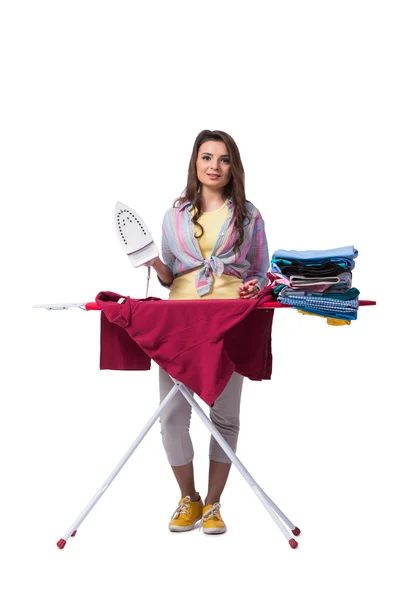 Woman ironing clothing isolated on white — Stock Photo, Image