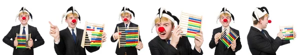 Clown mit Abakus isoliert auf weiß — Stockfoto