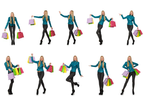 Donna con shopping bags isolata su bianco — Foto Stock