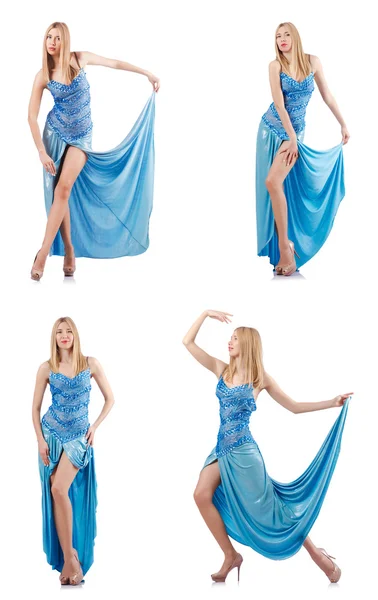 Attraktive Frau im blauen Kleid auf weißem Grund — Stockfoto