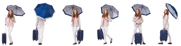 Fiatal nő utazó bőrönd és esernyő elszigetelt min — Stock Fotó