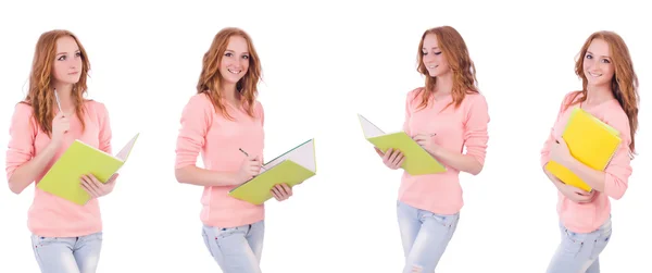 Jovem estudante com cadernos isolados em branco — Fotografia de Stock