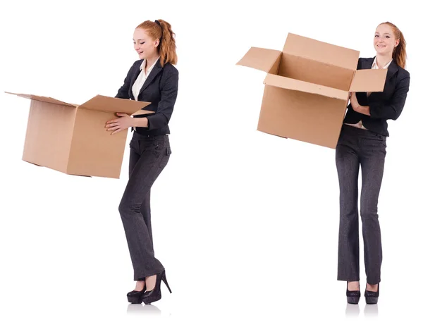 Businesswoman with boxes isolated on white — Stock Photo, Image