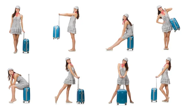 Utazó nő bőrönddel elszigetelt fehér — Stock Fotó